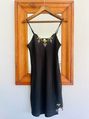 Y2K Black Slip Dress with Grapevine Embroidery